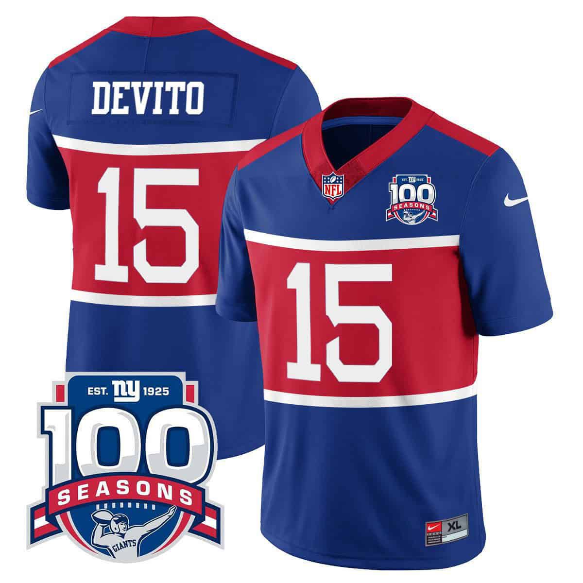 Men New York Giants #15 Devito 2024 Nike Blue 100TH Season Commemorative Vapor NFL Jersey